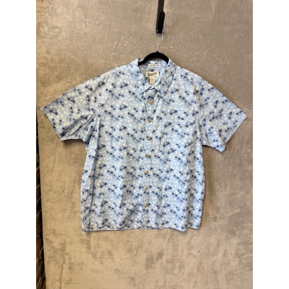 Duluth Trading‎ Untucked Mens 2XL Tall Slim Fit Blue Bicycle Print Button Shirt
